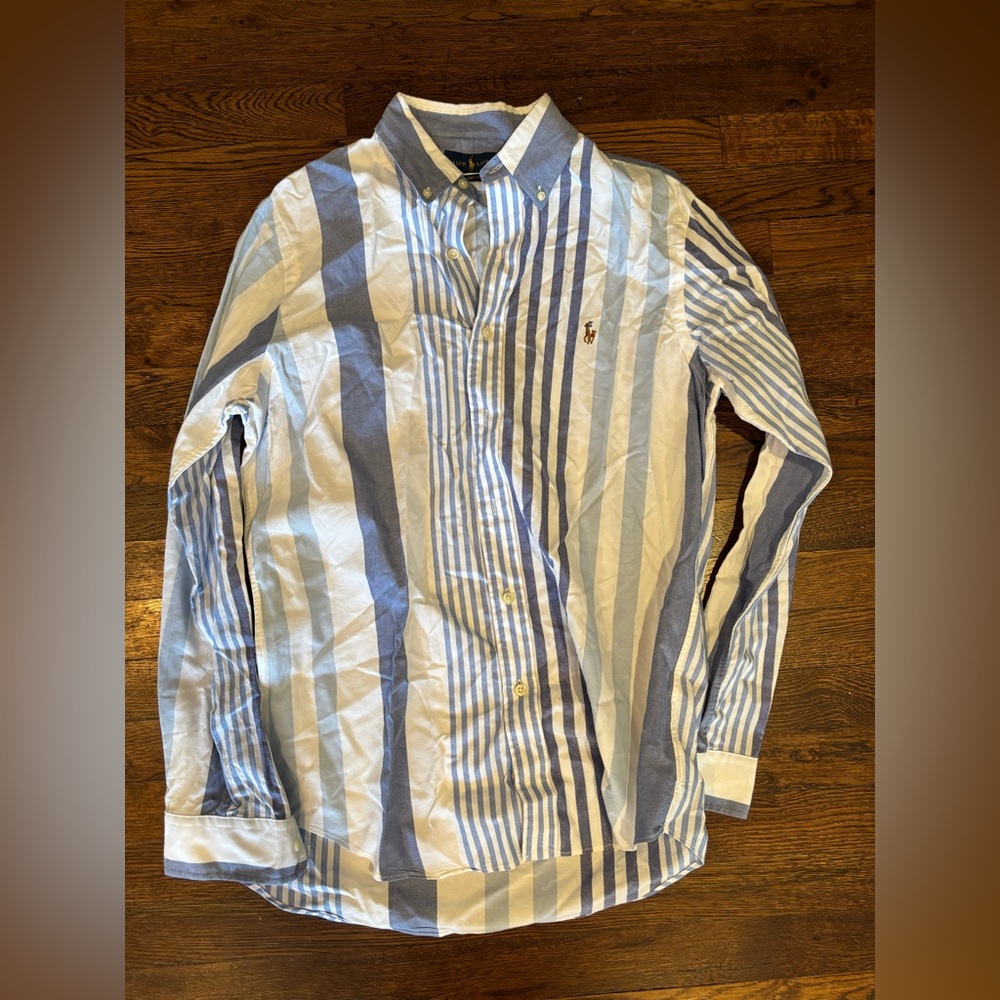 Ralph Lauren Men's White and Blue Striped Button Down Shirt